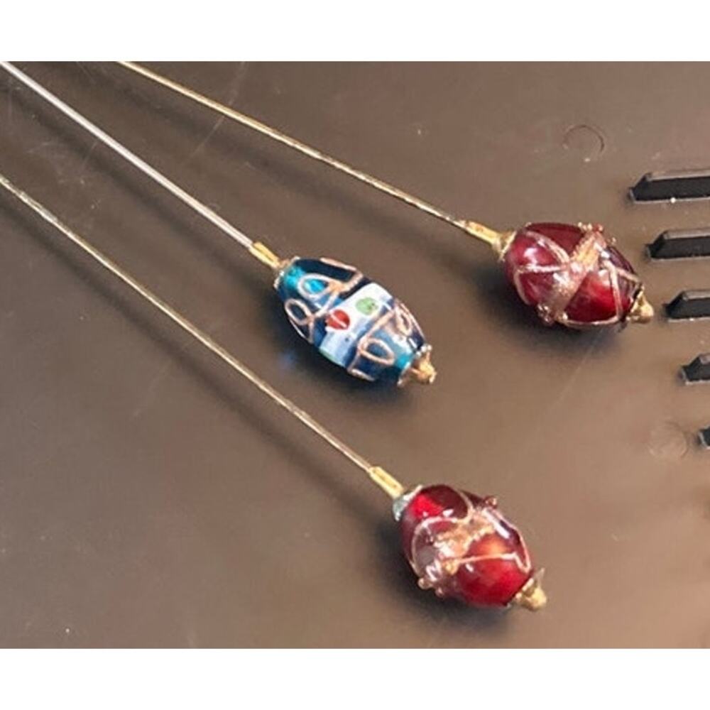 3 Glass Bead Hat Pins Handmade Millinery Accessory 10 and 12 Inch long